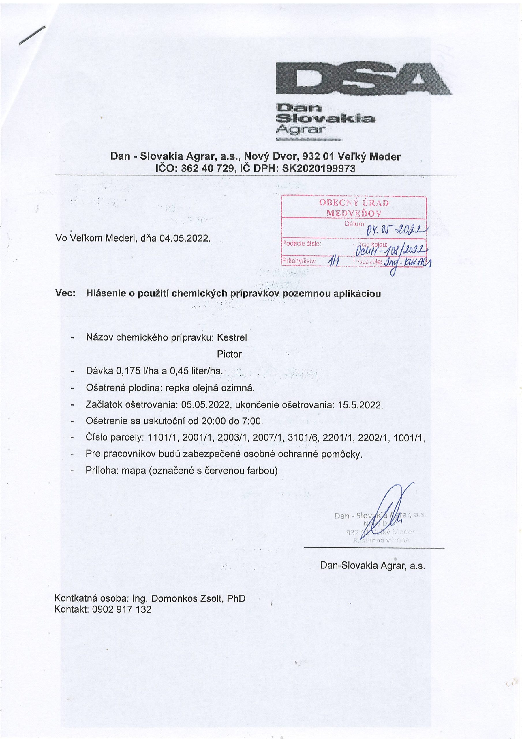 Hlásenie o použití chemických prípravkov pozemnou aplikáciou