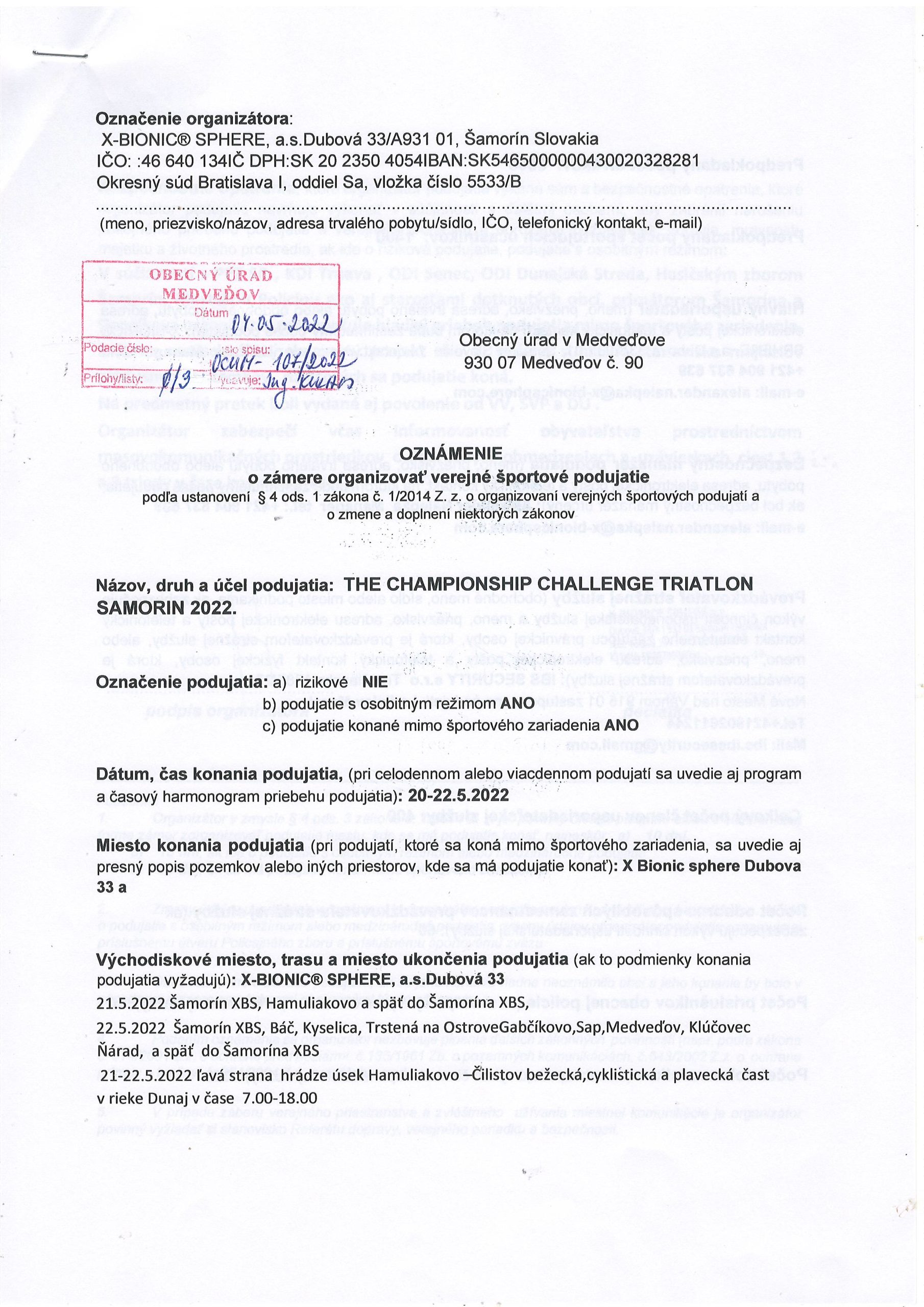 Oznámenie o zámere organizovať verejné športové podujatie